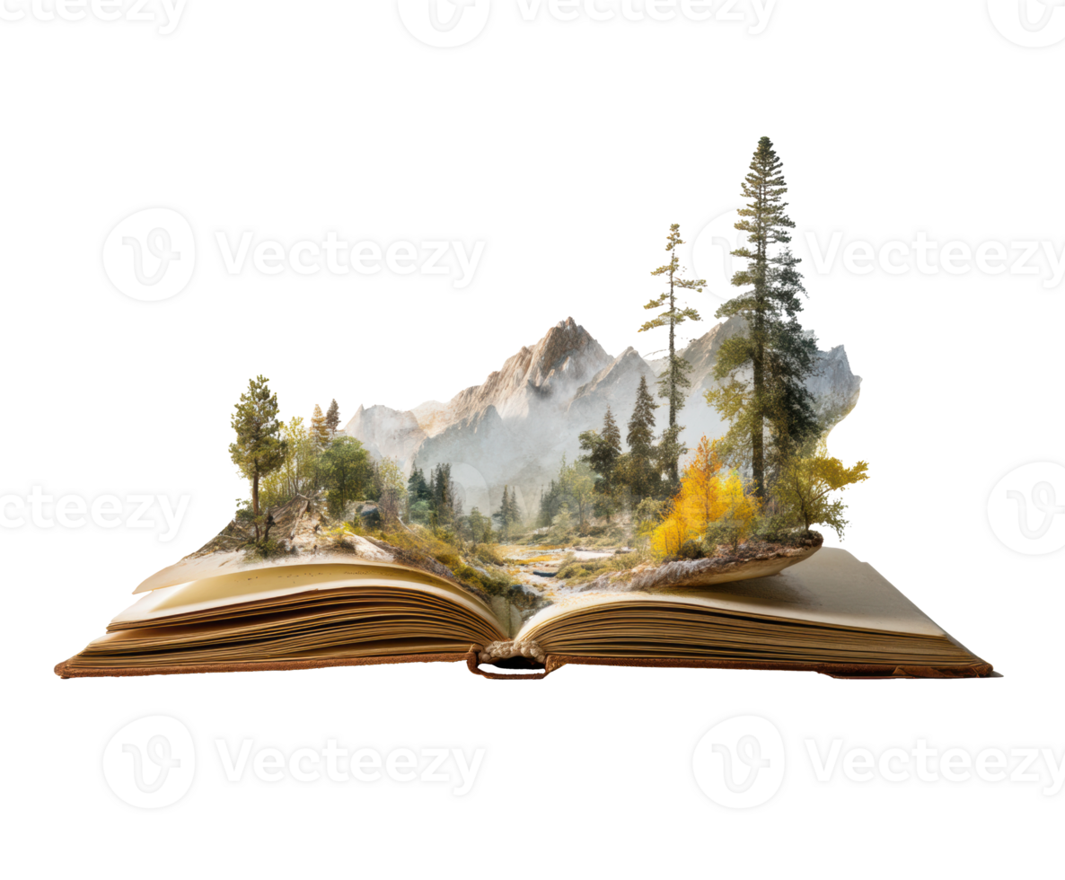 Creative concept of a magical forest within an open book png