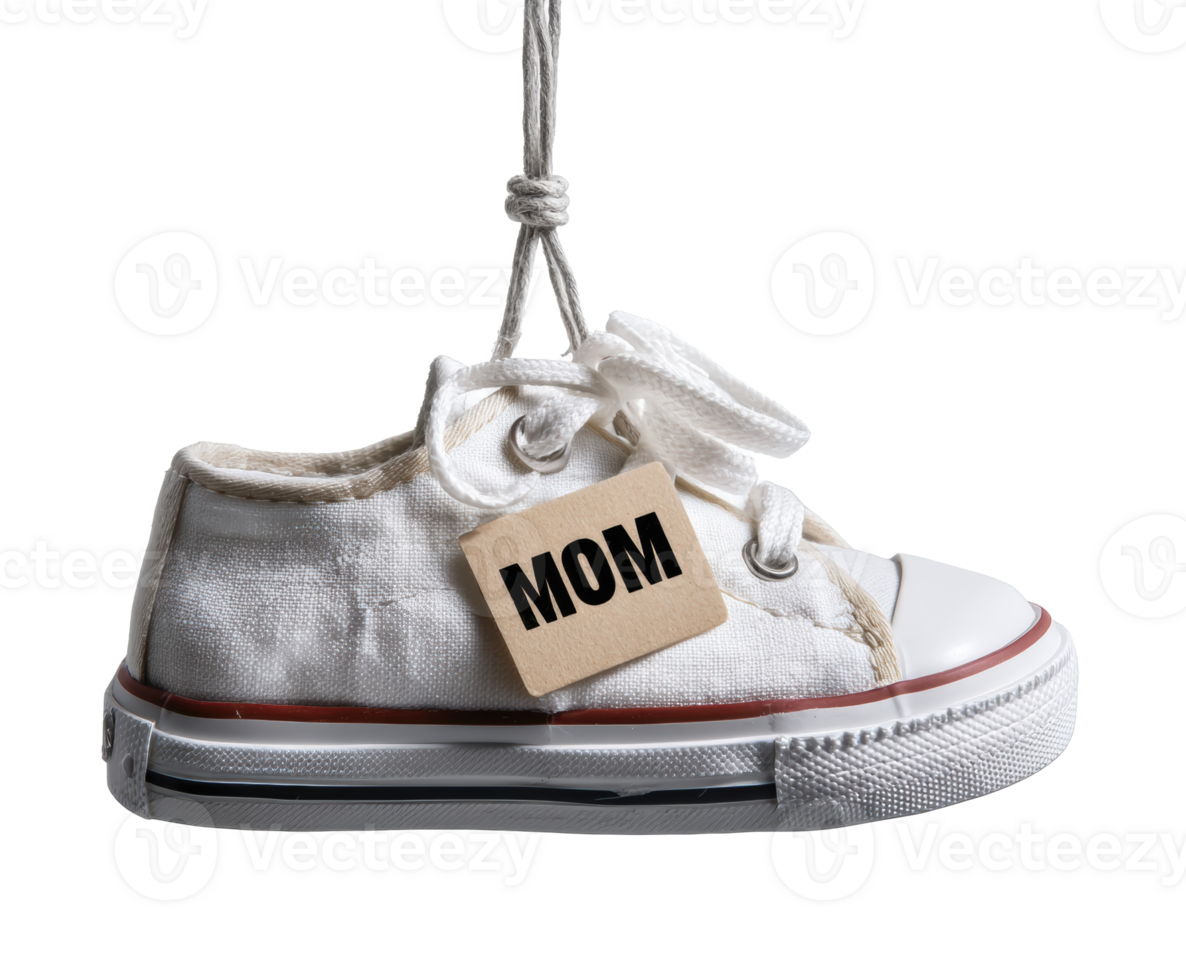 Creative display of a white sneaker hanging with a tag for Mom png