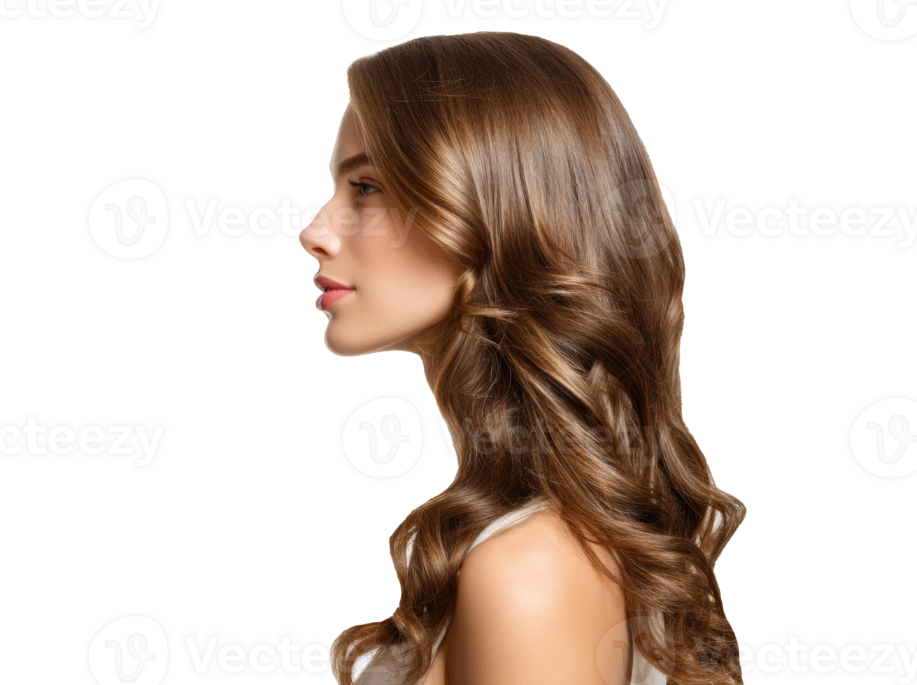 Elegant profile of a young woman with flowing hair png