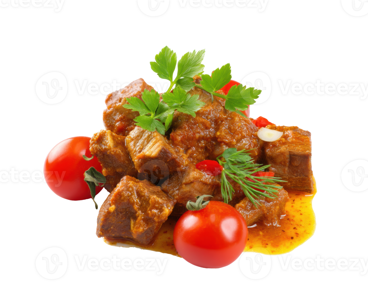 Savory cooked meat with cherry tomatoes and fresh herbs on a plate png