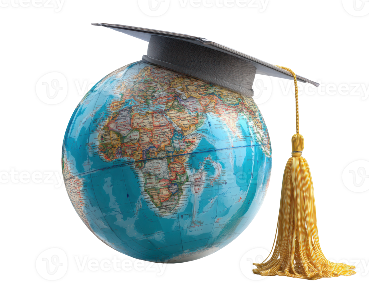 Education and global knowledge symbol with graduation cap and globe png