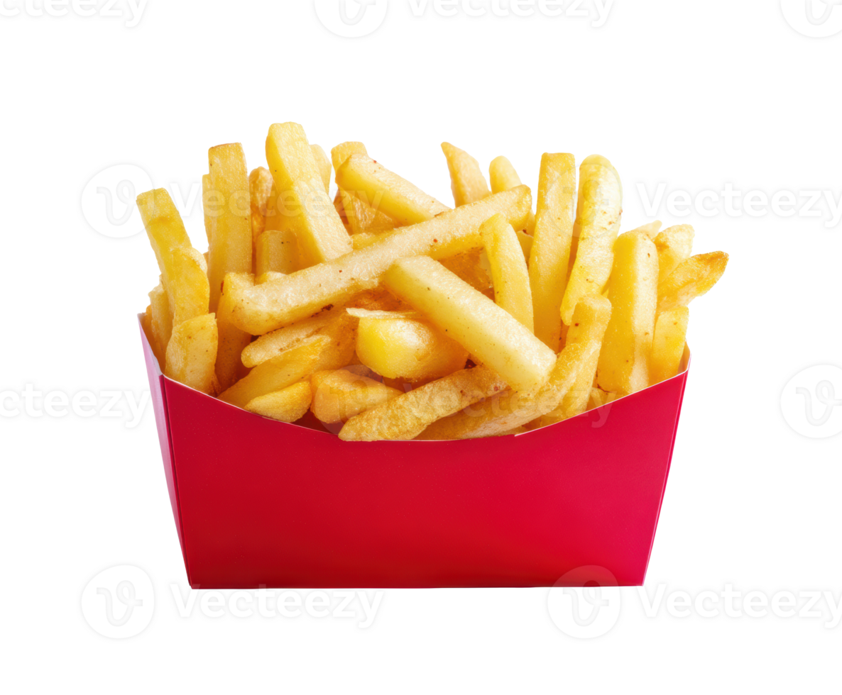 Crispy golden French fries served in a red container for snacks png