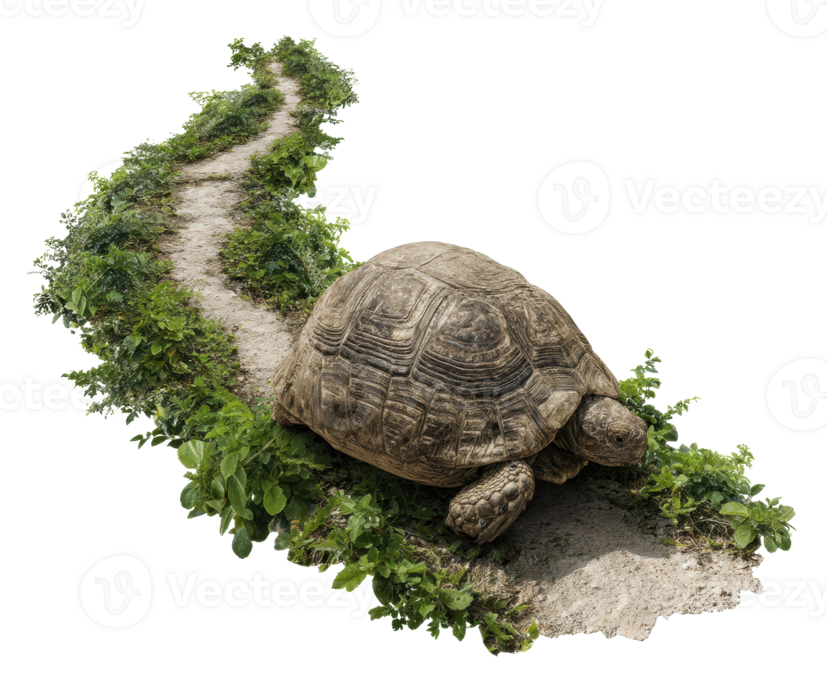 Tortoise walking on a lush green path surrounded by vibrant foliage png