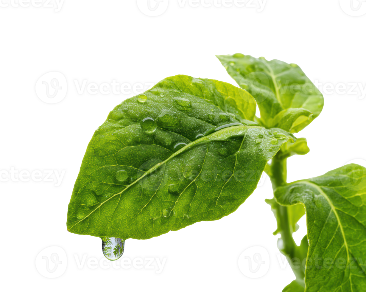 Fresh green leaf with water droplets on natural background png