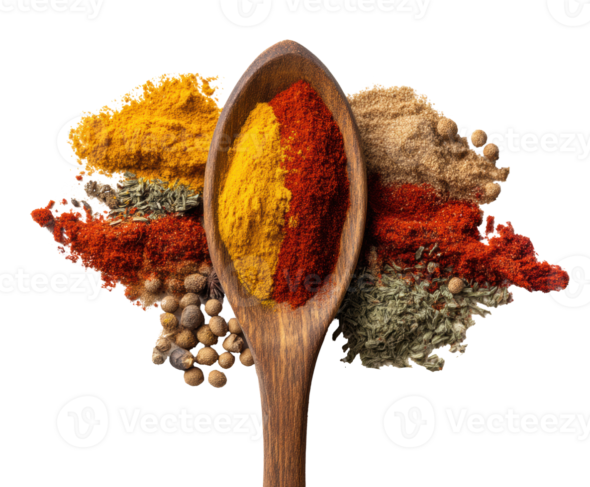 Vibrant assortment of spices in a wooden spoon for culinary creations png