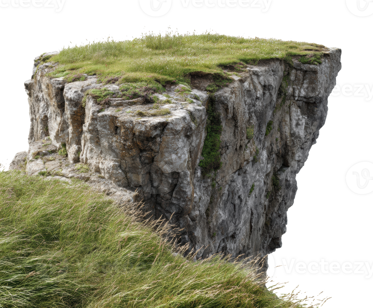 Rocky cliff with grass and moss growing on its edge png