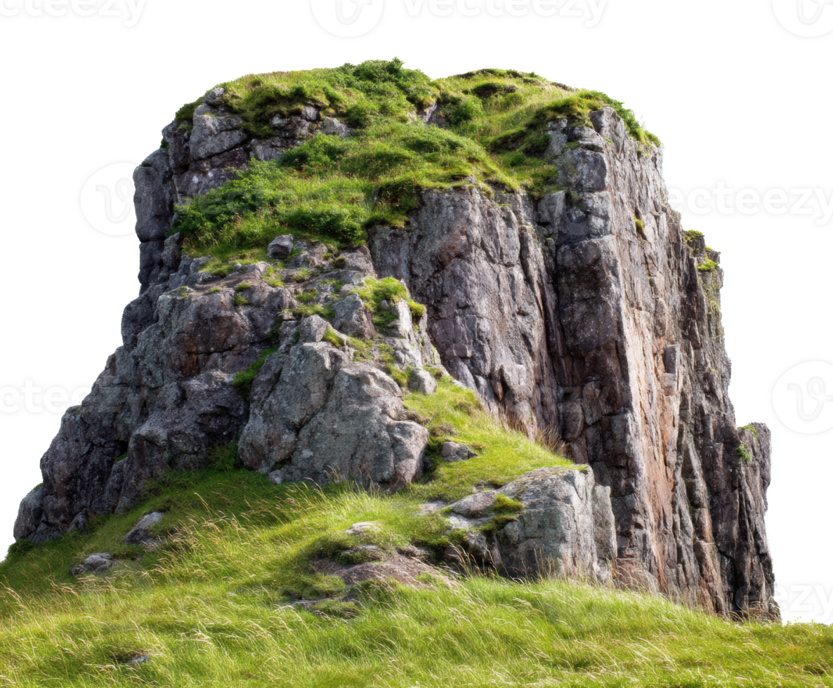 Majestic rock formation surrounded by lush greenery in daylight png
