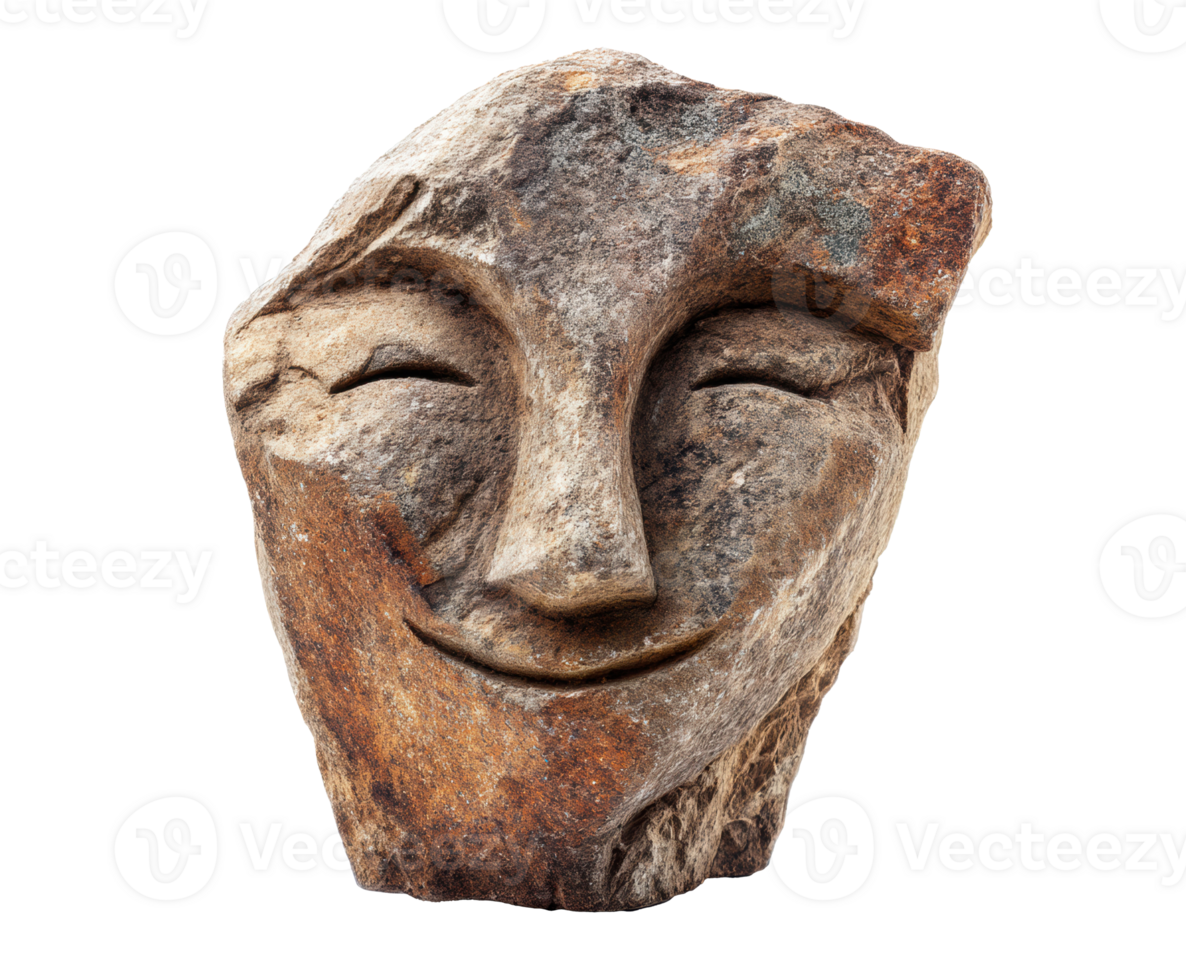 Smiling stone face sculpture with a natural texture and expression png