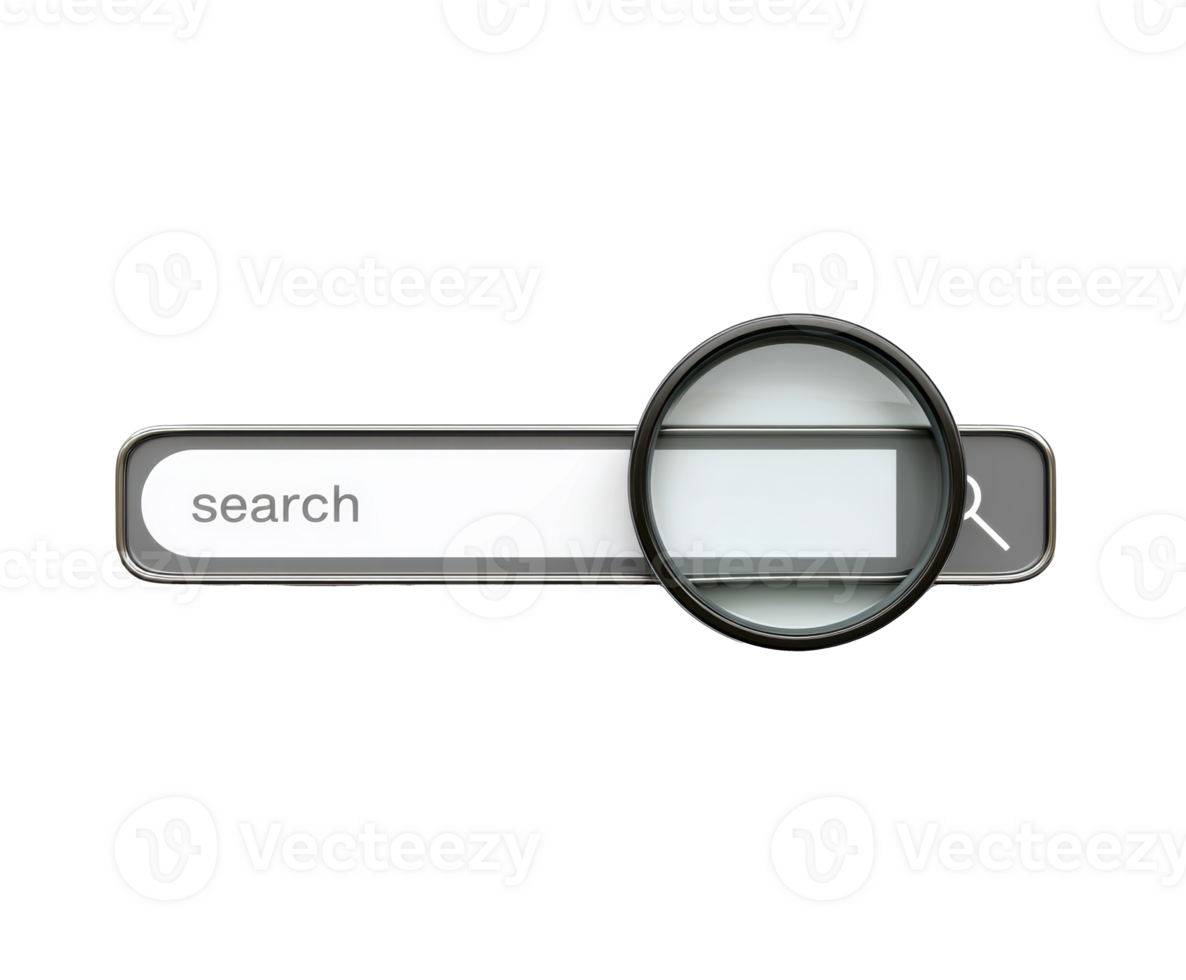 Search bar with magnifying glass focusing on online queries png