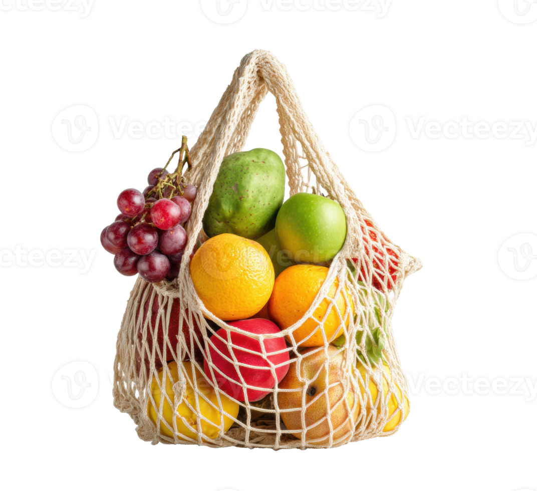 Fresh fruits in a reusable net bag for sustainable living png