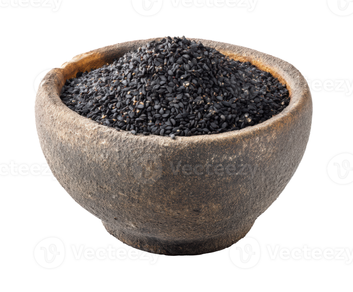 Rustic bowl of black sesame seeds for health and cooking png