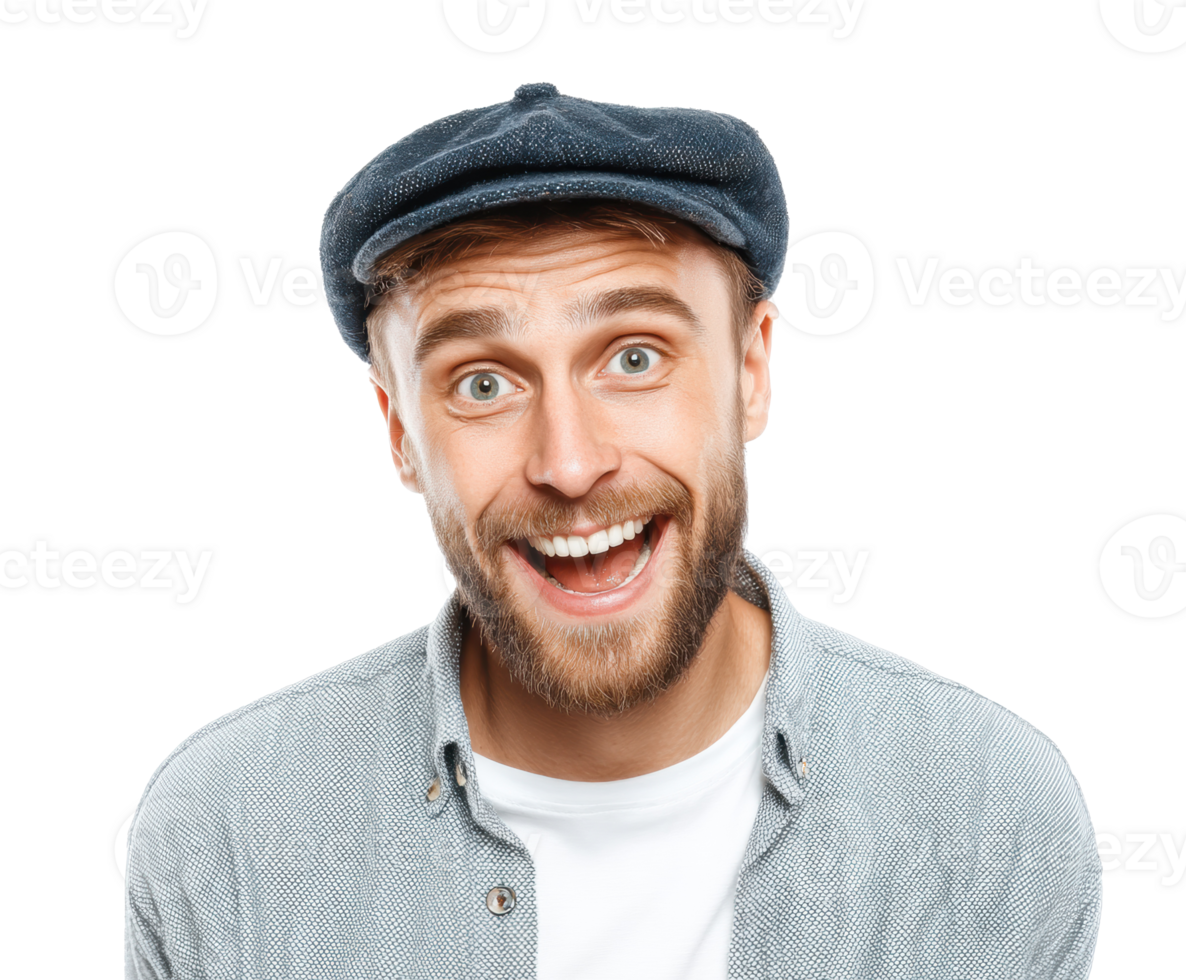 Happy man smiling with a cap expressing joy and positivity png