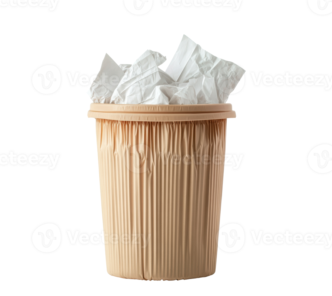 Simple waste container filled with crumpled paper in home setting png