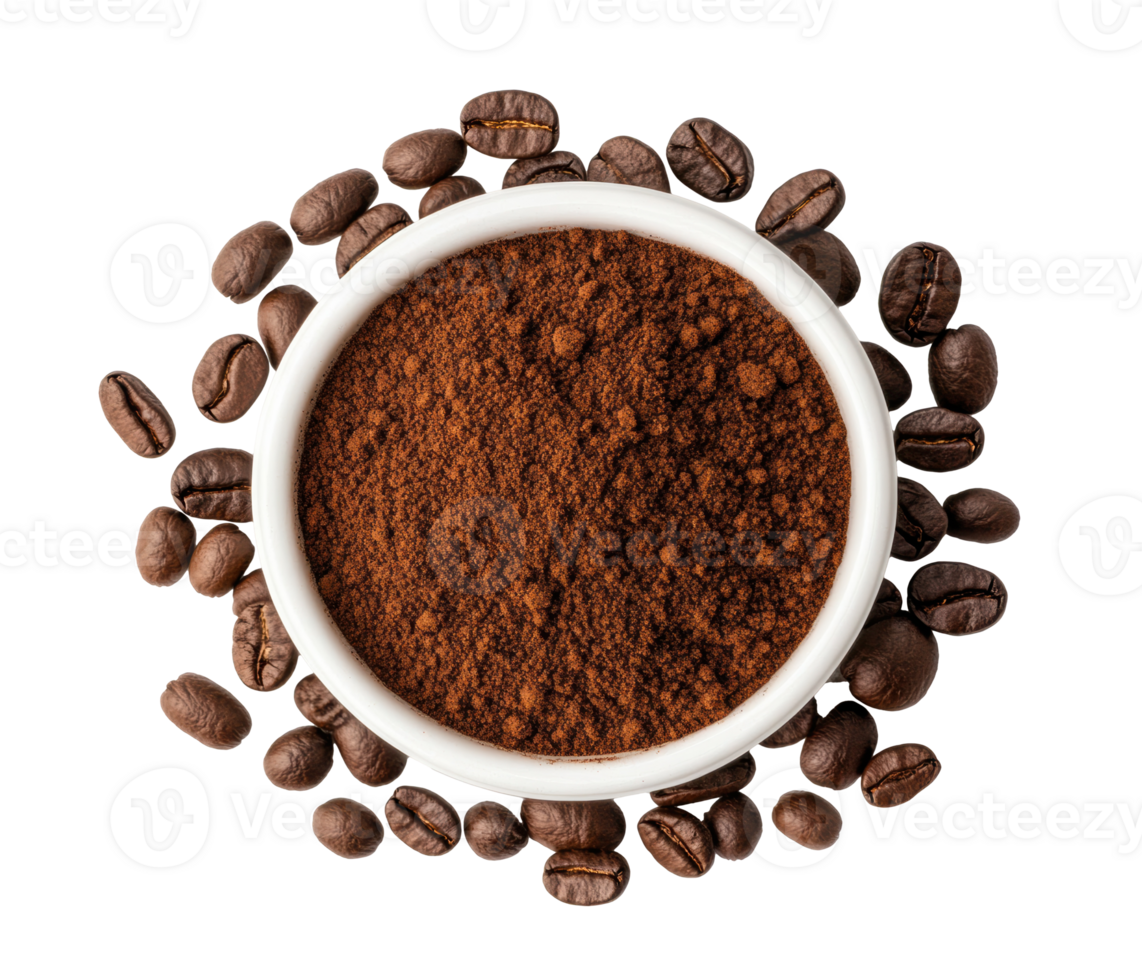 Ground coffee and roasted beans for brewing flavorful beverages png