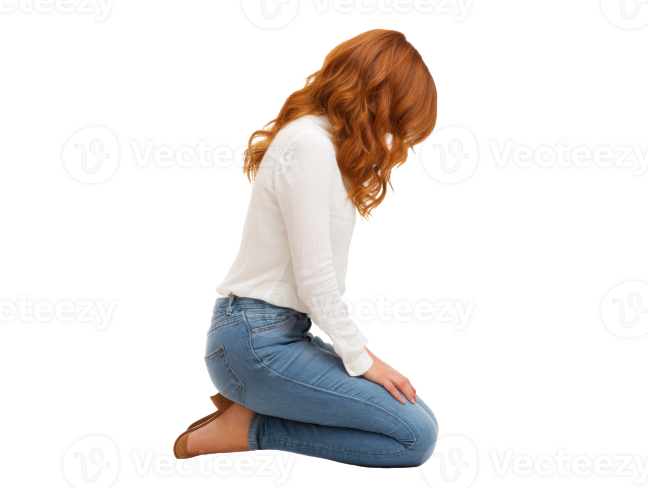 Woman in casual attire kneeling on the floor with head down png