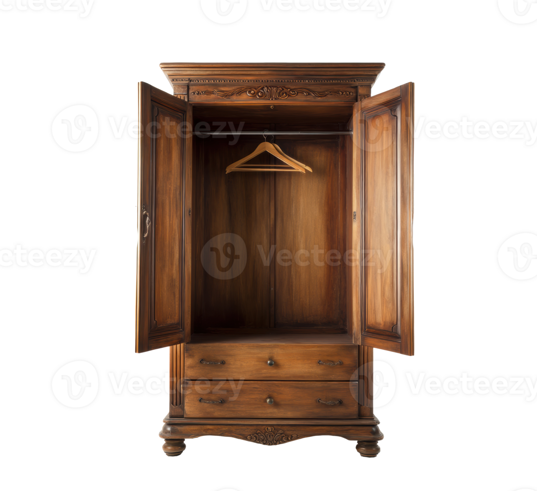 Elegant wooden wardrobe with open doors showcasing minimalist design png