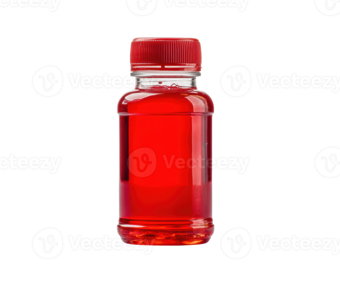 Vibrant red liquid in clear bottle with red cap for various uses png