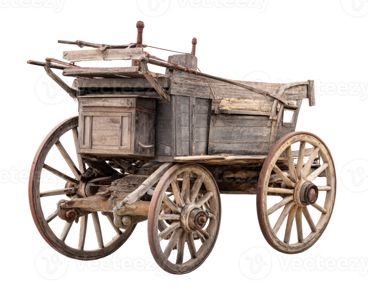 Rustic wooden cart with large wheels for transport and decoration png