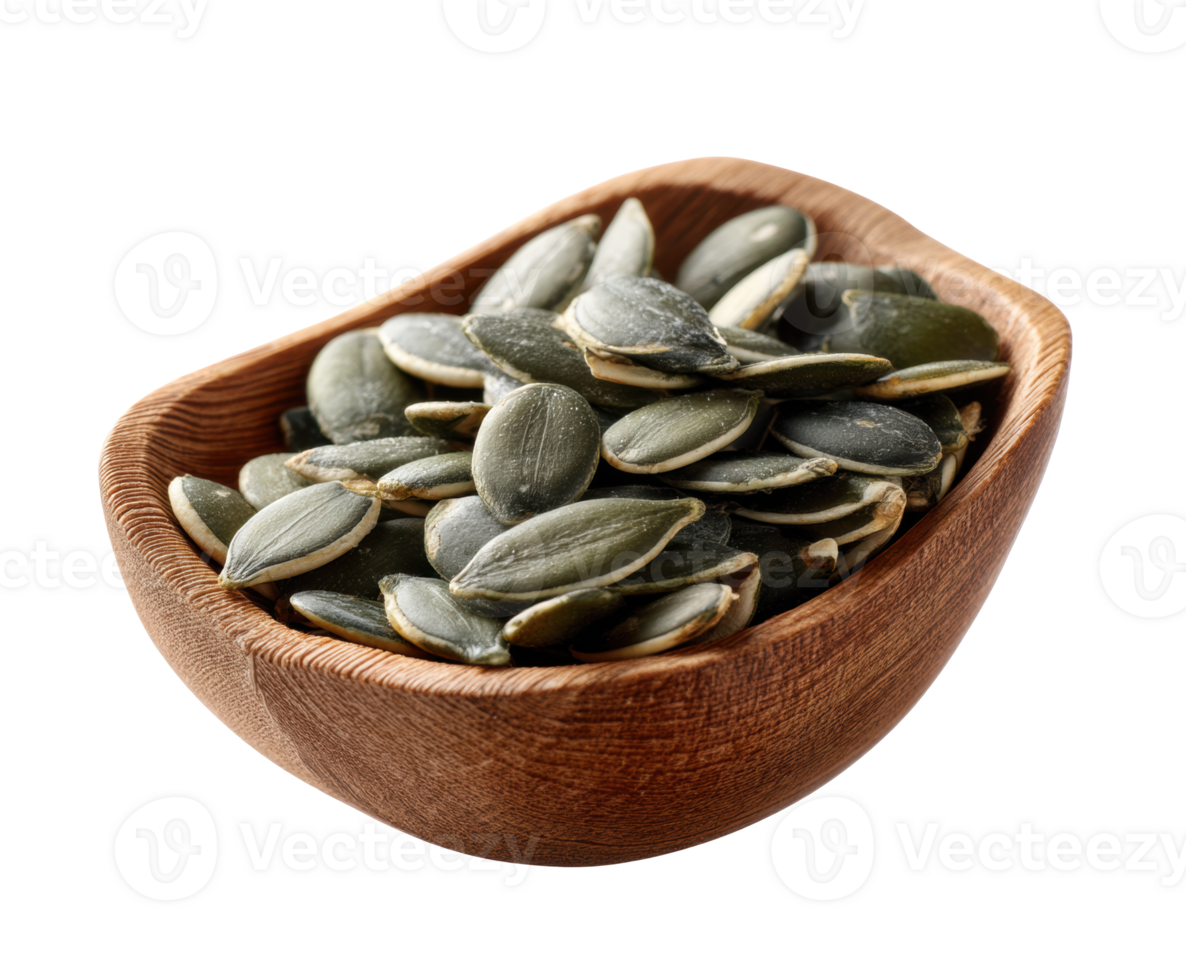 Healthy pumpkin seeds displayed in a wooden bowl for snacking png