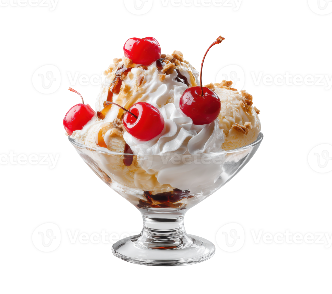Delicious sundae with cherries and whipped cream for dessert png