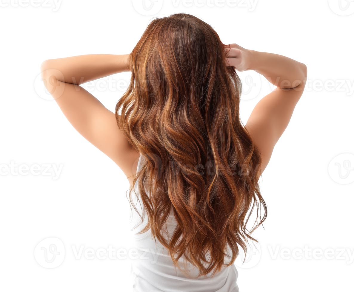 Long wavy hair with natural highlights showing back view of a woman png