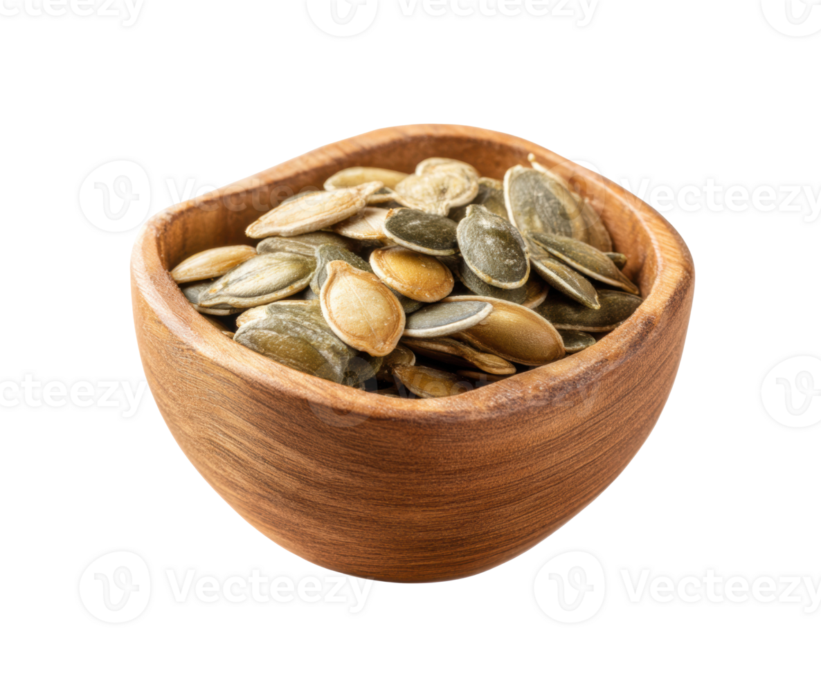 Healthy pumpkin seeds in a wooden bowl for nutritious snacking png