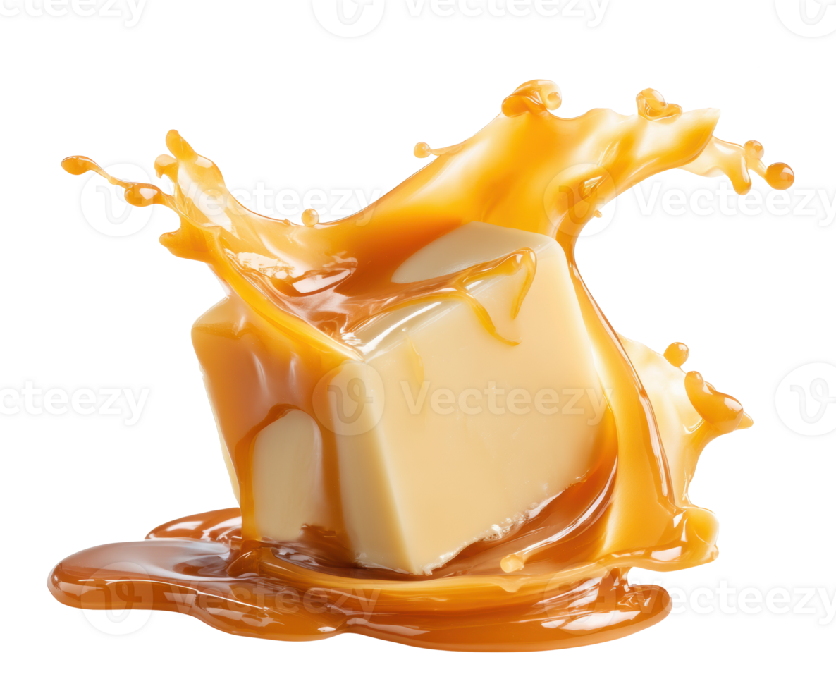Creamy butter splashing into golden caramel syrup png