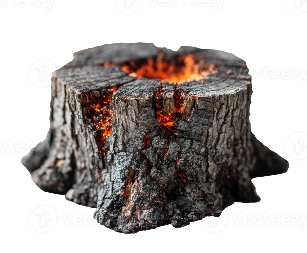 Burning wood stump with glowing embers for creative projects png