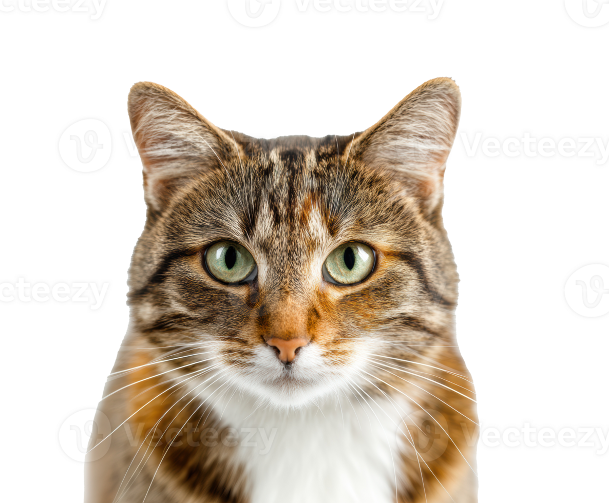 Close-up view of a domestic cat with striking green eyes png