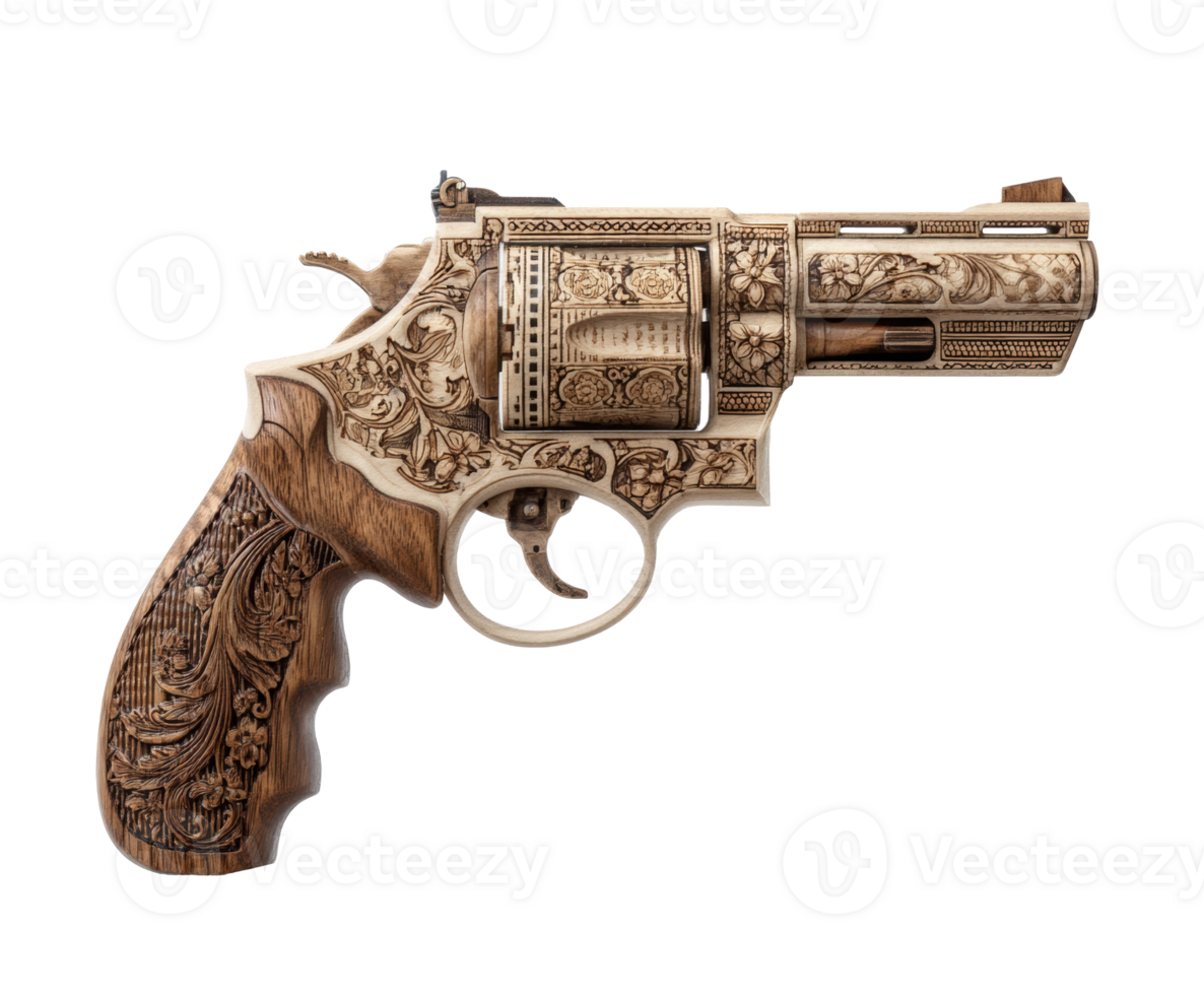 Intricately carved revolver showcasing craftsmanship and detail png