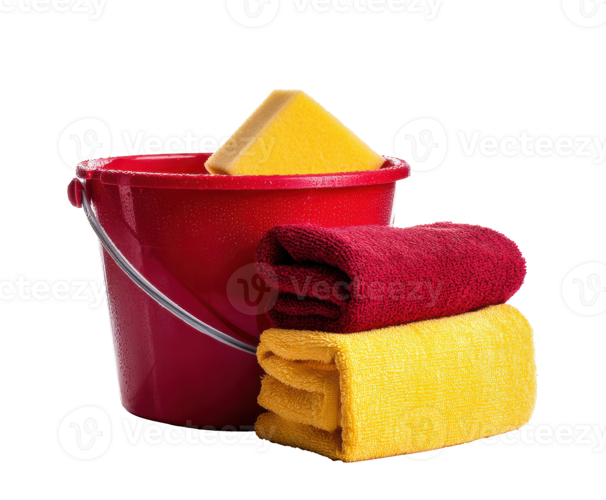 Cleaning supplies for home care with towels and sponge png