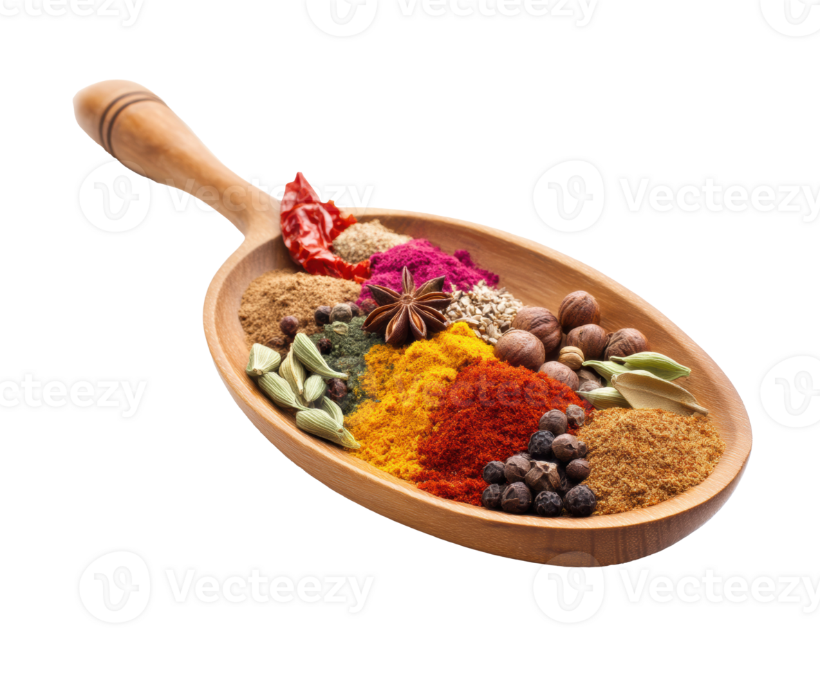 Colorful spice assortment on wooden spoon for culinary use png