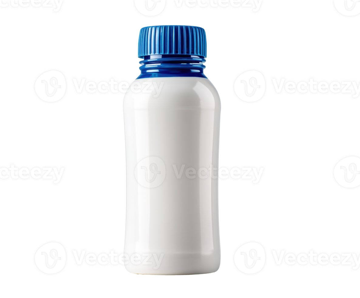 White plastic bottle with blue cap for liquid storage and organization png
