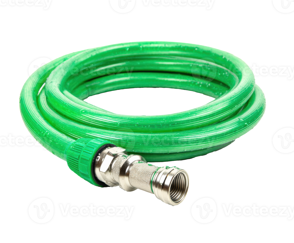 Green garden hose for watering plants and outdoor cleaning tasks png