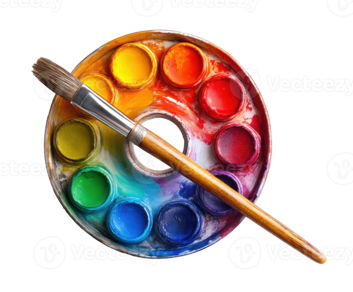 Vibrant colors on an artist palette with brush for creative projects png