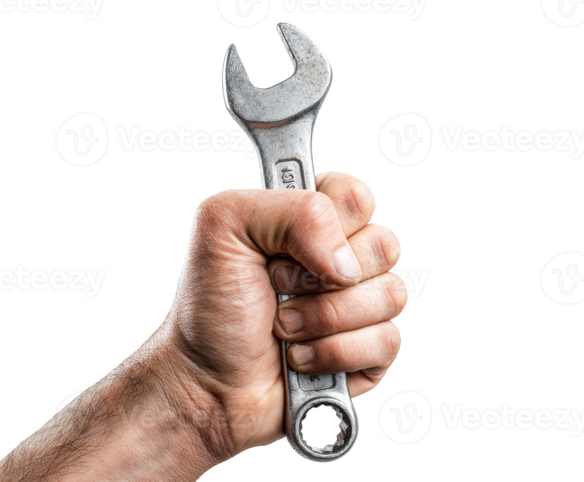 Hand holding metal wrench for repair work and maintenance tasks png