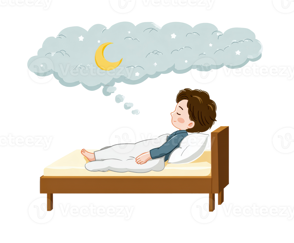 Dreaming child in a cozy bed with clouds and moon png