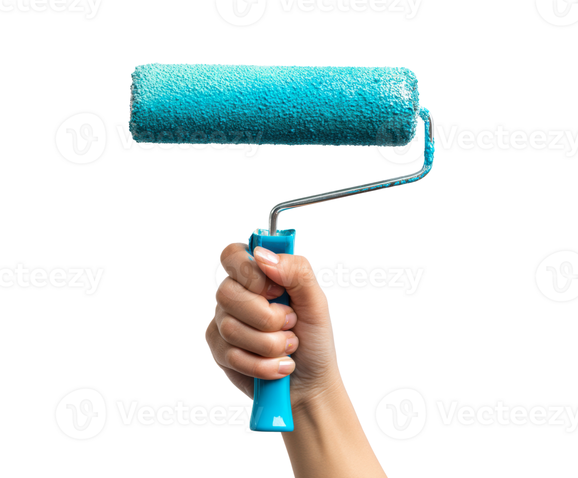 Hand holding a turquoise paint roller for home decoration projects png