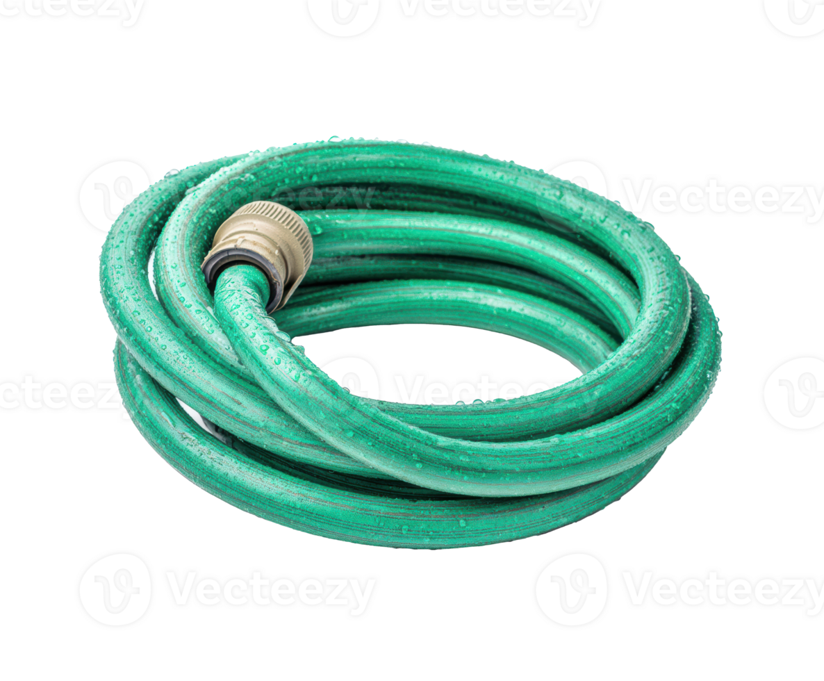 Green garden hose coiled with water droplets for outdoor use png