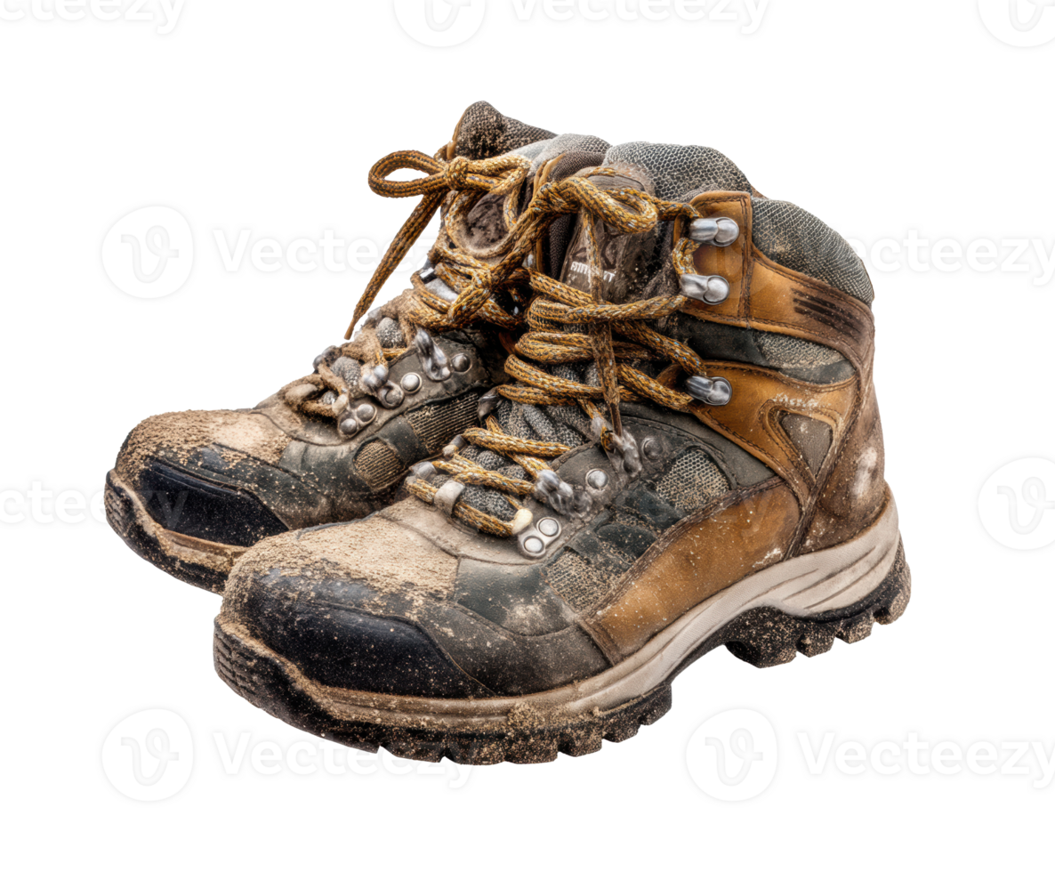 Worn hiking boots ready for adventure in rugged terrain png