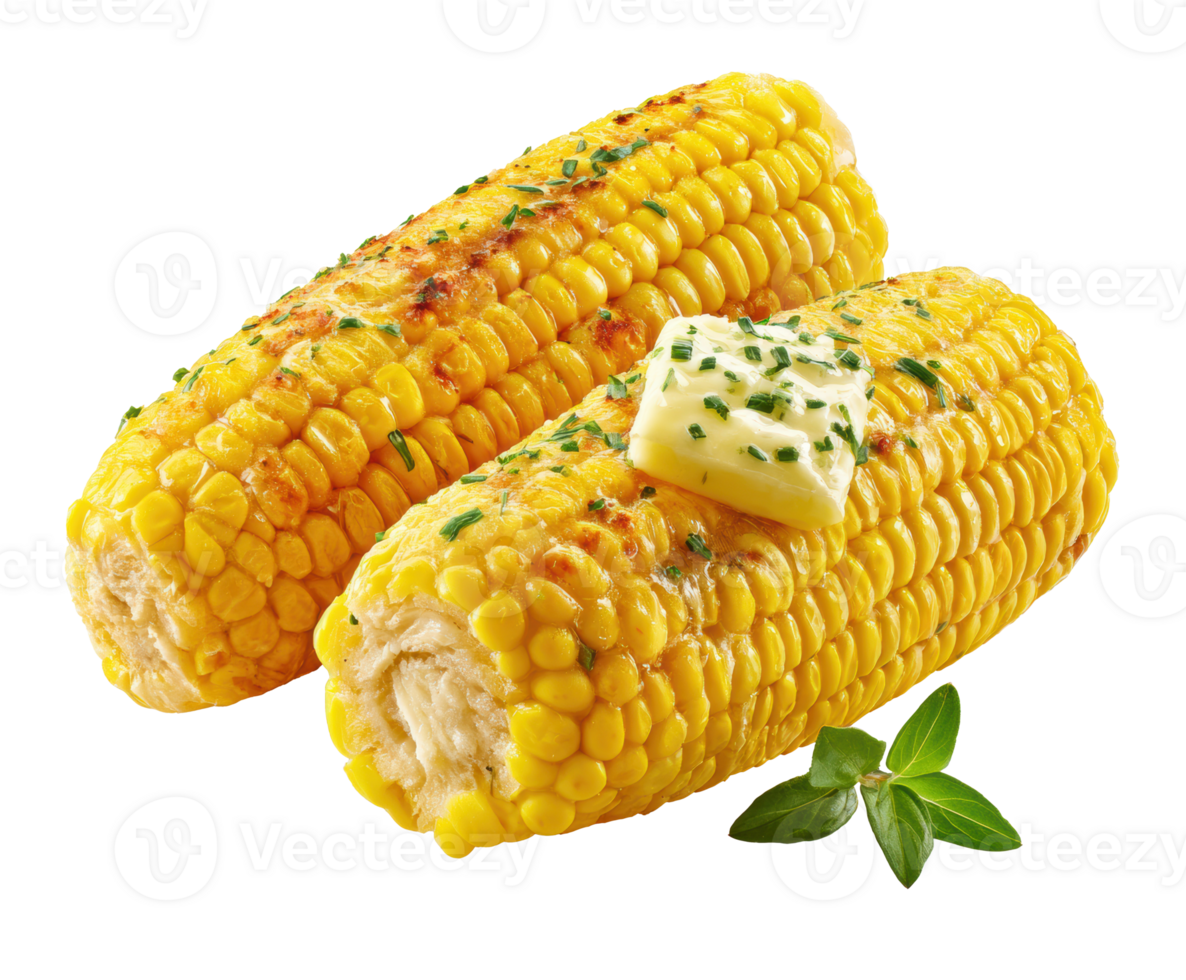 Grilled corn on the cob with butter and herbs for summer barbecue png
