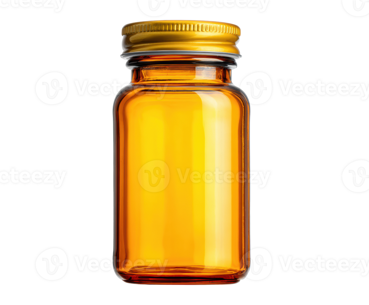 Amber glass jar with a golden lid for storage and display png