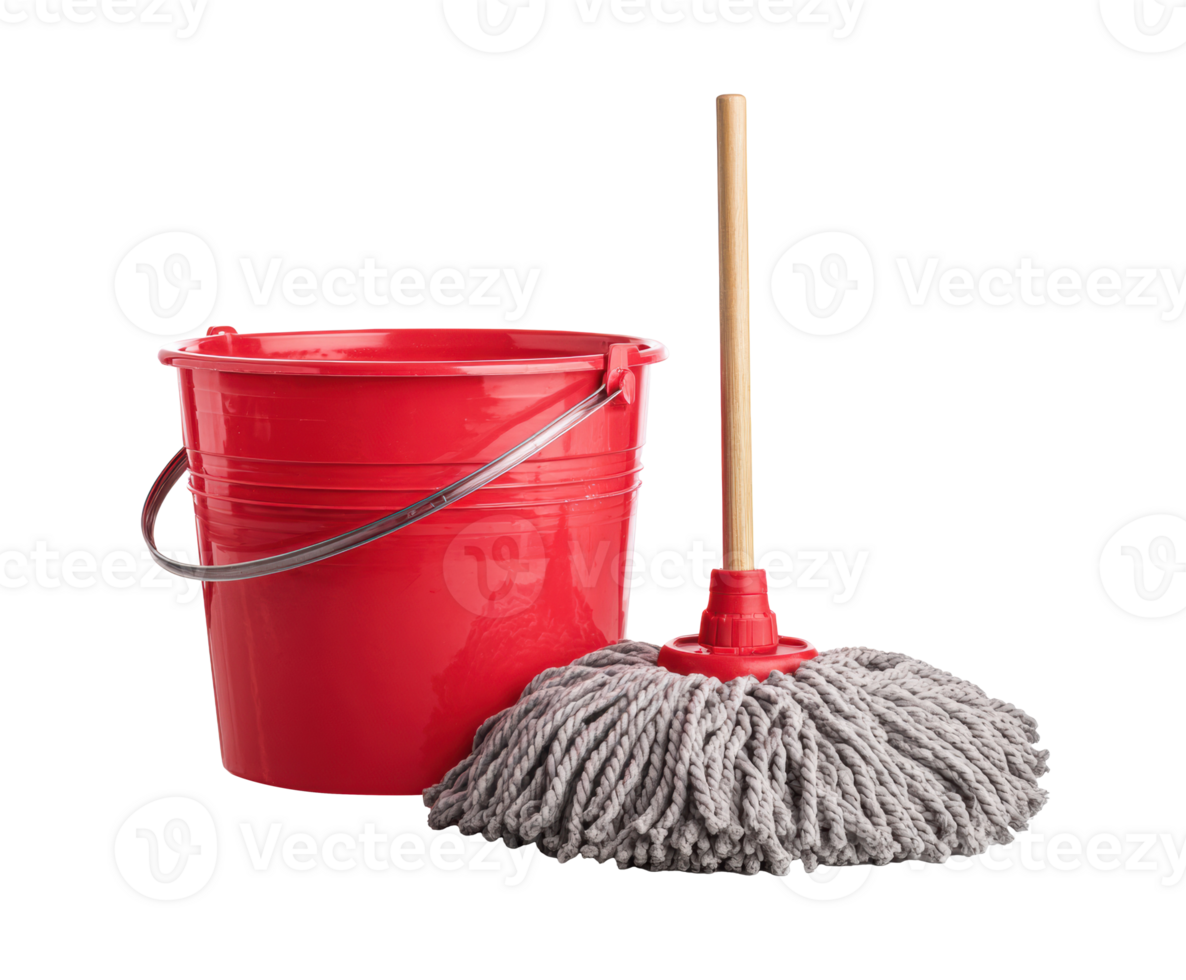 Cleaning supplies for home maintenance with red bucket and mop png