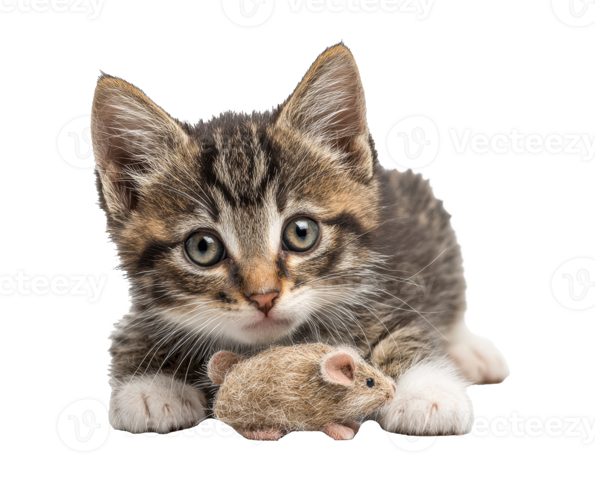 Playful kitten with mouse toy in a cozy indoor setting png