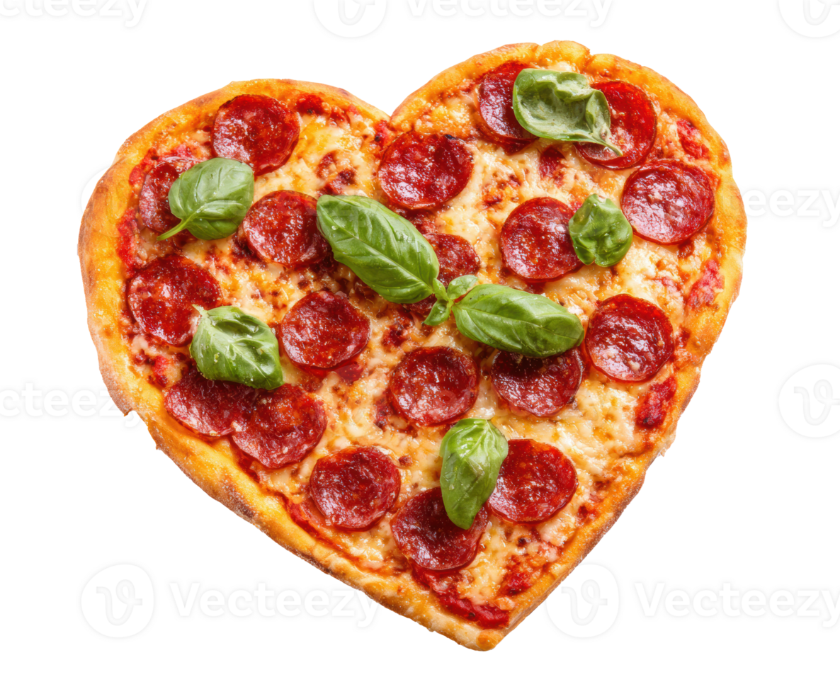 Heart shaped pepperoni pizza with basil leaves for special occasions png