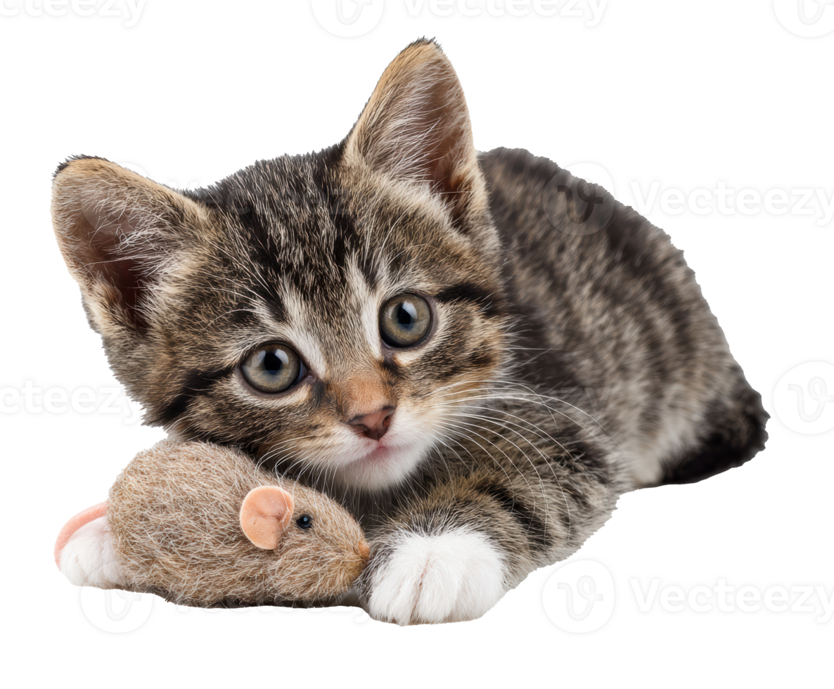 Playful kitten cuddling with a soft toy mouse indoors png