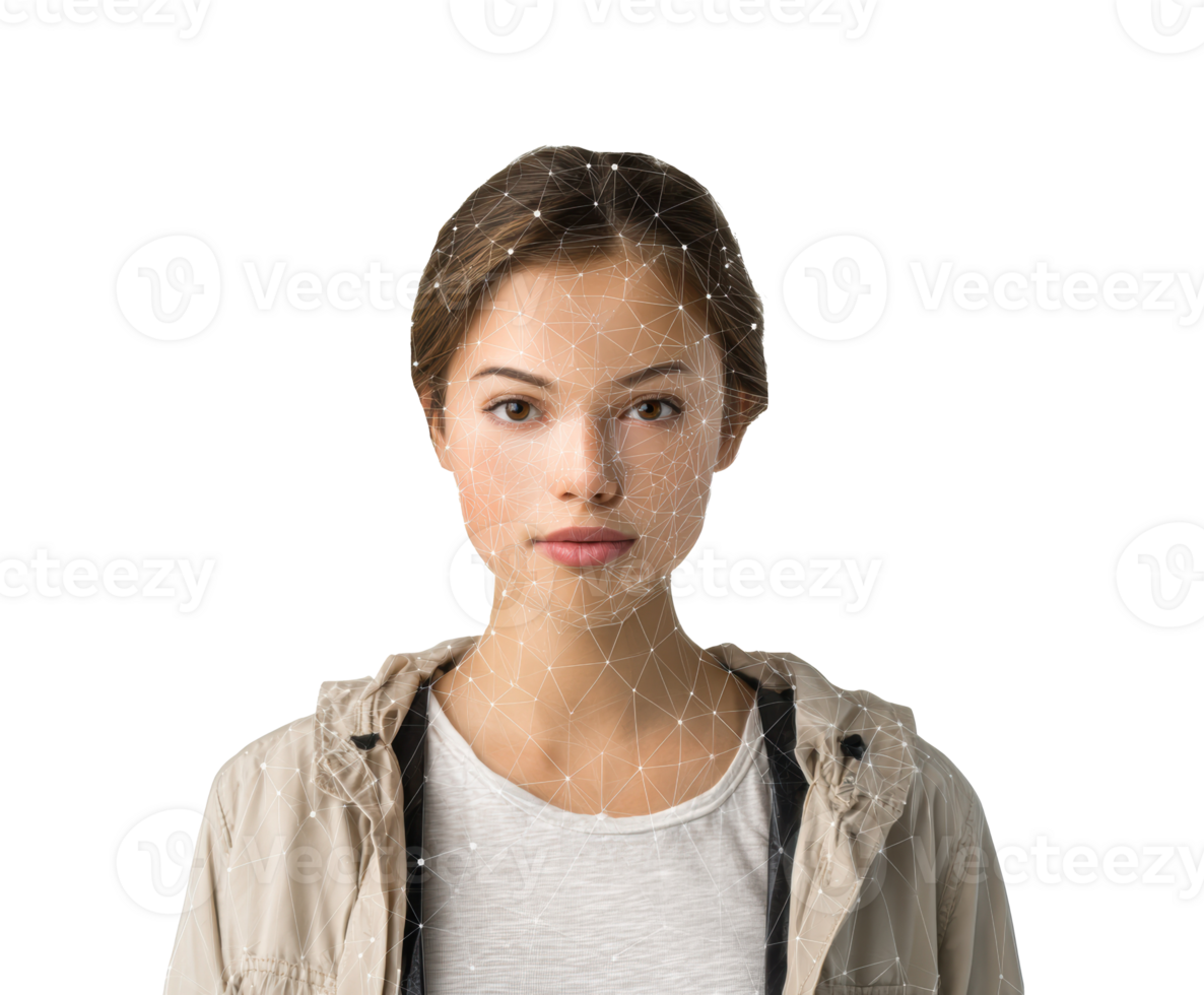 Woman with digital network overlay illustrating technology concept png