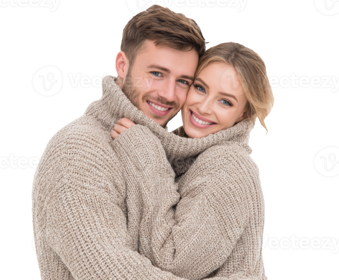Warm embrace of couple in cozy knit sweaters during winter season png
