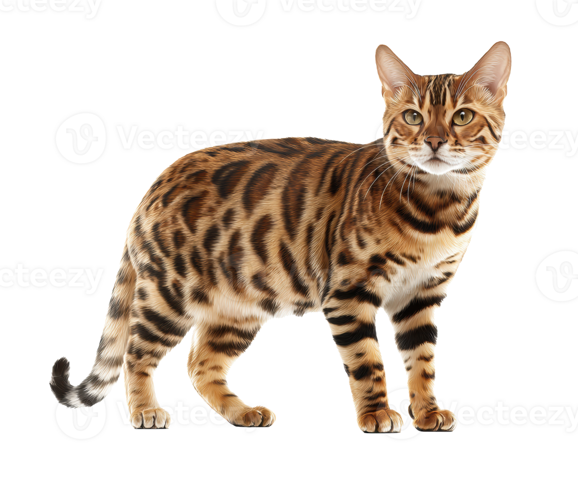 Striking Bengal cat stands gracefully in natural pose png