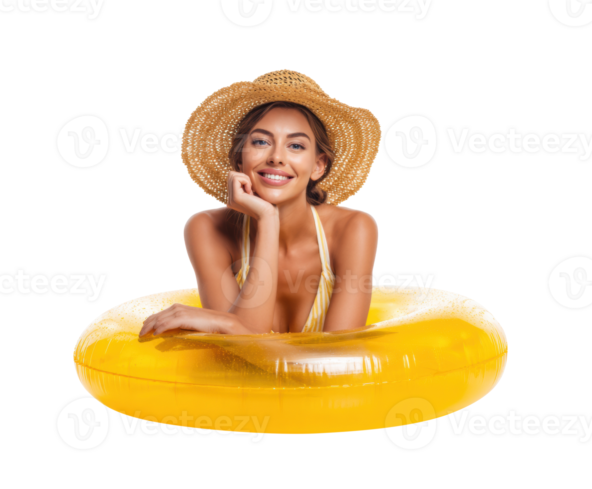 Joyful summer fun with a woman in a yellow pool float png